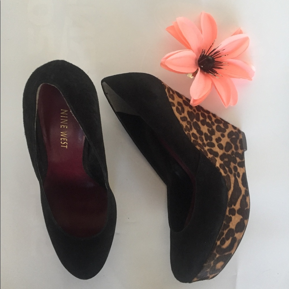 Nine West Suede Leather Leopard Calf Hair Wedges
